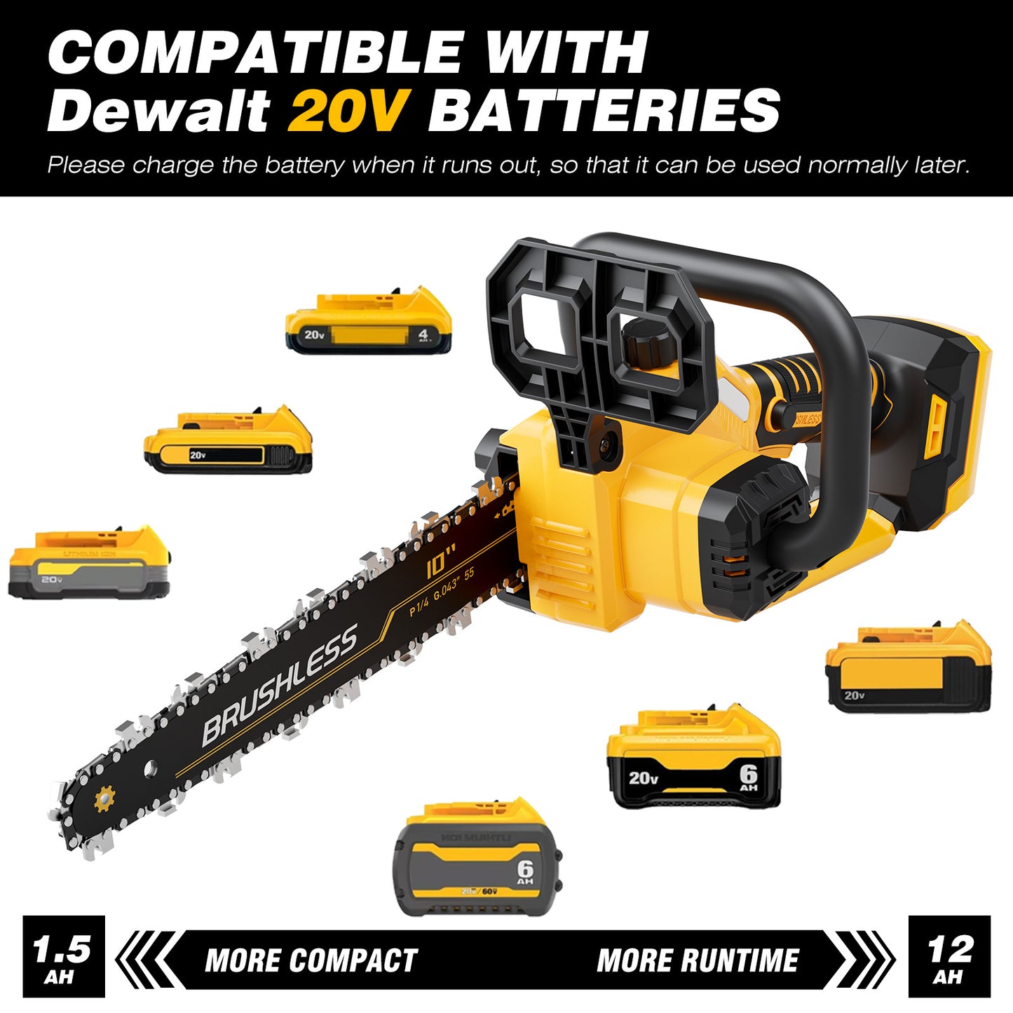 10 Inch Cordless Chainsaw Compatible with Dewalt 20V MAX Battery