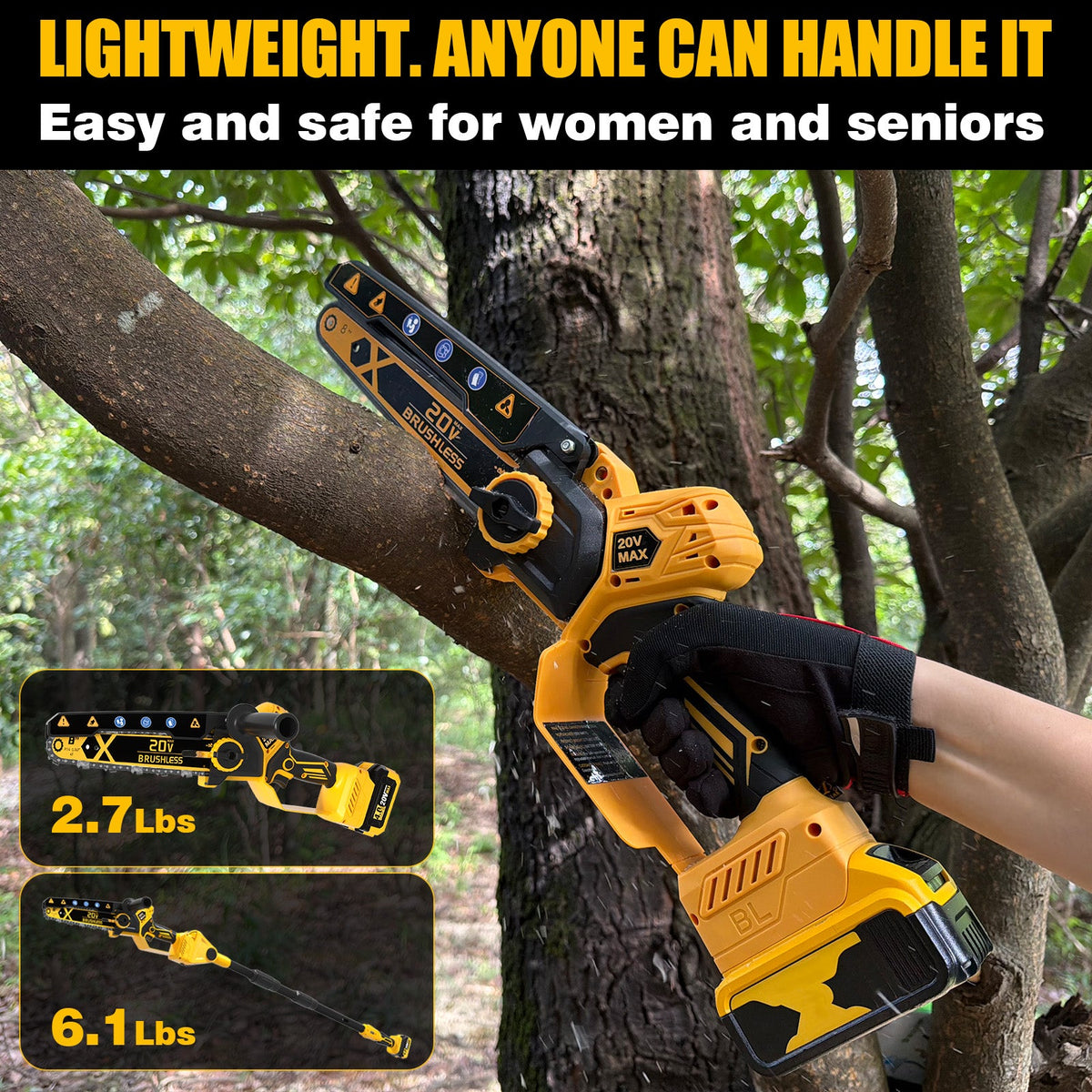 2-in-1 Cordless 8-Inch Pole Saw & Chainsaw for Dewalt 20V Battery - LOASCOTY-DIY Gardening Tools Official Site | Changing Lives