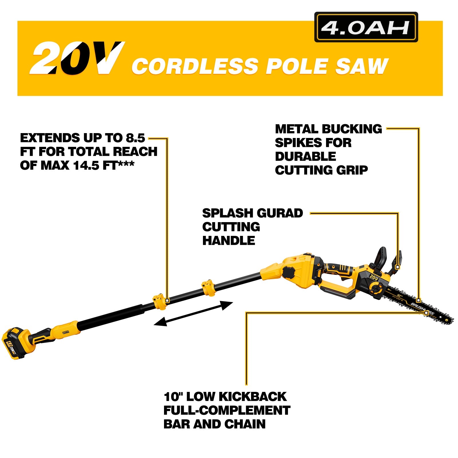 2 - in - 1 Electric 10 - Inch Pole Saw and Chainsaw, Battery Powered Chainsaw Pole Chain Saw, Brushless Motor, 14.5 FT Max Reach Extension Pole for Outdoors Pruning with 1×4.0ah Battery (Battery Included) - LOASCOTY - DIY Gardening Tools Official Site | Changing Lives