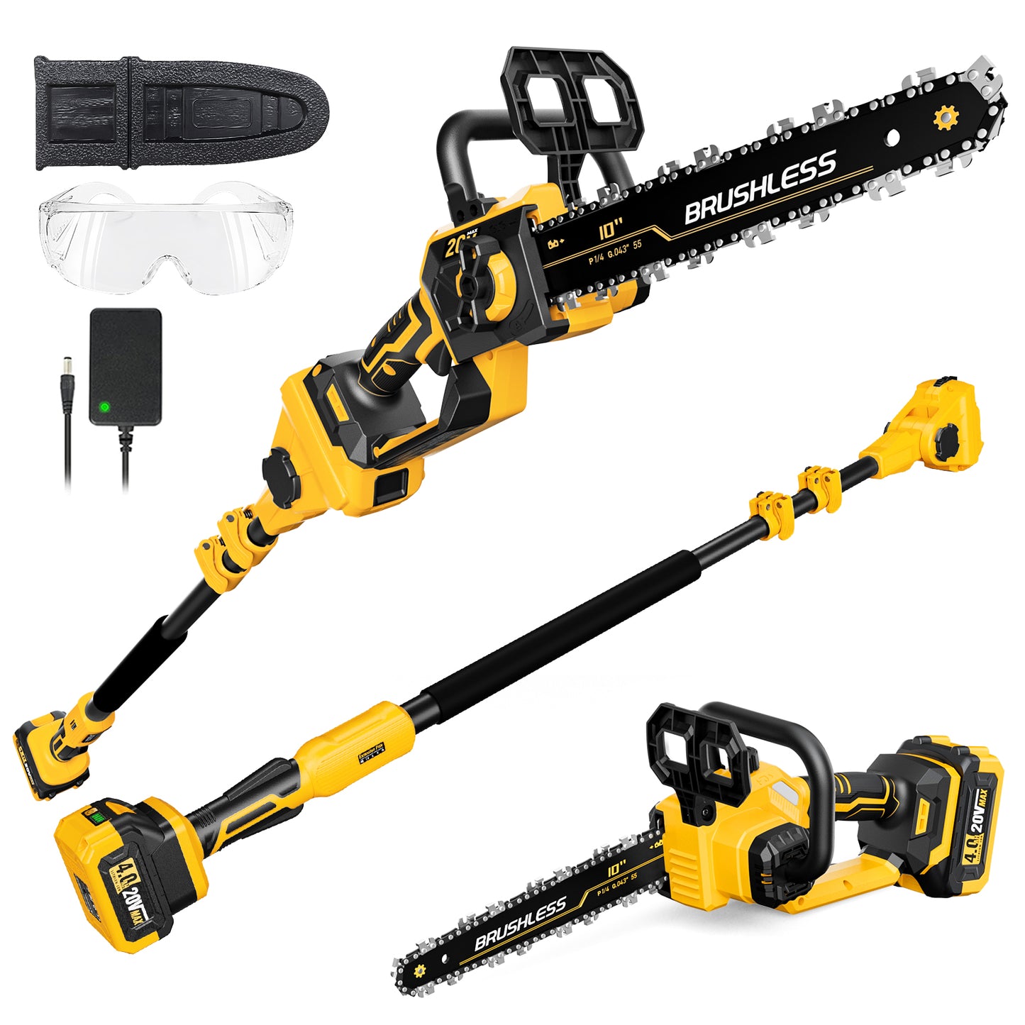 2-in-1 Electric 10-Inch Pole Saw and Chainsaw, Battery Powered Chainsaw Pole Chain Saw, Brushless Motor, 14.5 FT Max Reach Extension Pole for Outdoors Pruning with 1×4.0ah Battery (Battery Included)