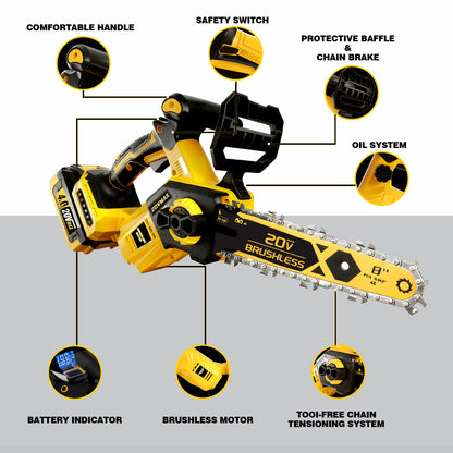 2026 Upgraded 8-Inch Brushless Cordless Chainsaw for Dewalt 20V MAX Battery (4.0Ah Battery Included)