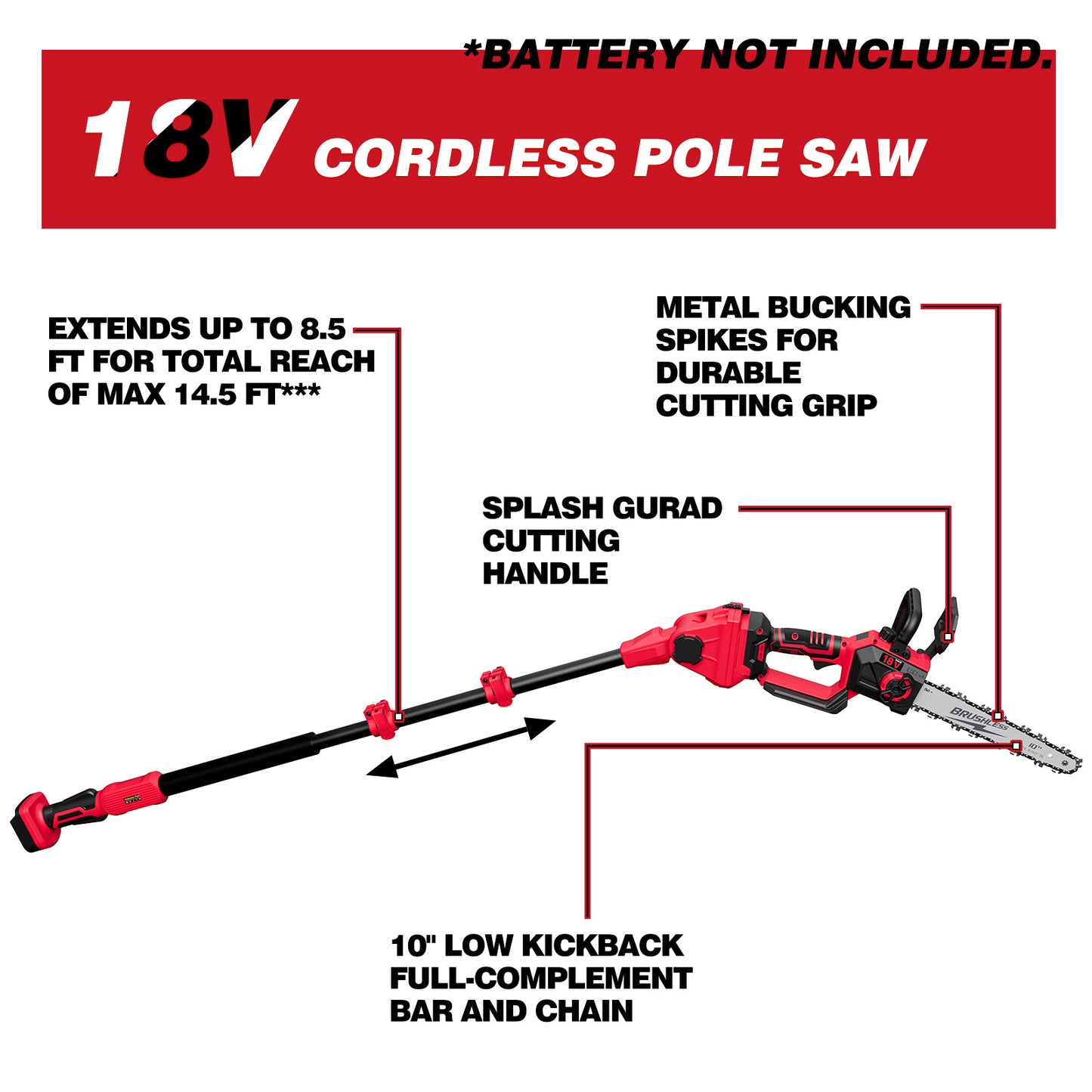 2-IN-1 Cordless 10-Inch Pole Saw And Chainsaw Compatible with MWK M-18 18V Battery